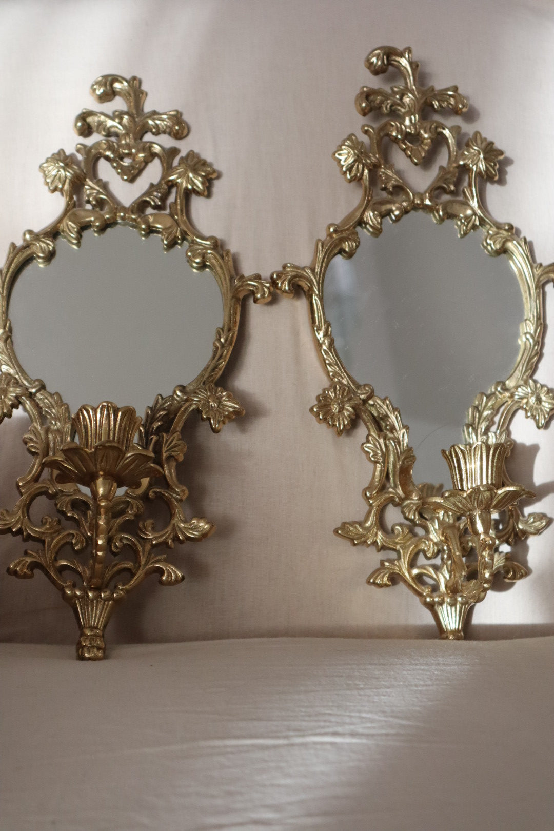 Vintage Ornate Brass Mirrored Candle Sconces