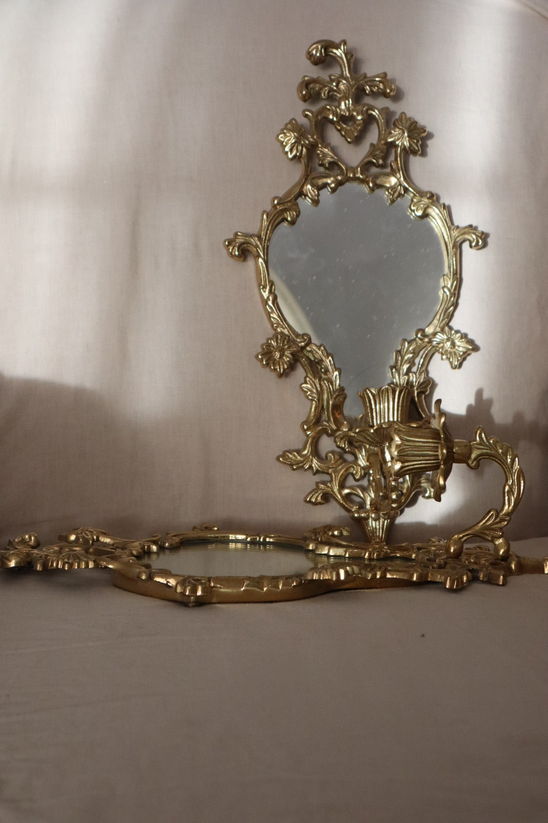 Vintage Ornate Brass Mirrored Candle Sconces