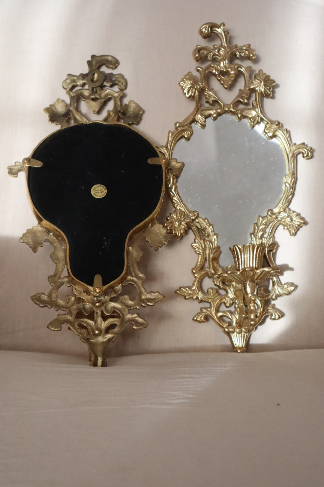 Vintage Ornate Brass Mirrored Candle Sconces